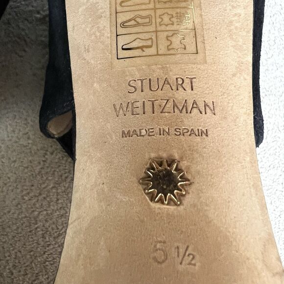 Stuart Weitzman Ezra 80 Black Suede Black Heel Sandal Women 5.5 Wide Strap Chic - Picture 12 of 13